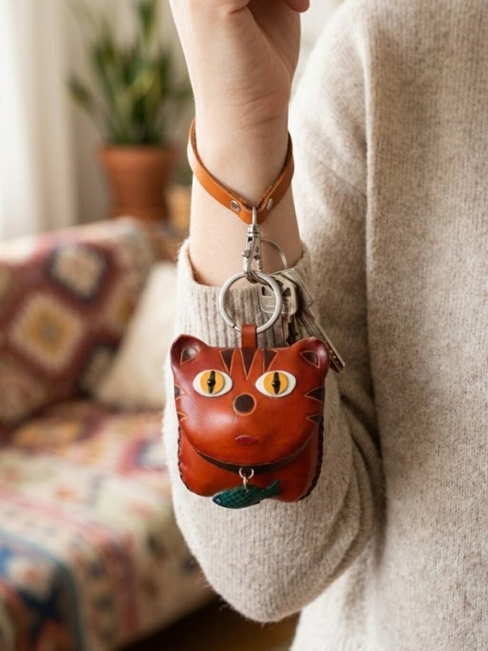 Leather Cat Wristlet, Keyring, Pouch, Coin Purse Magnet Closure